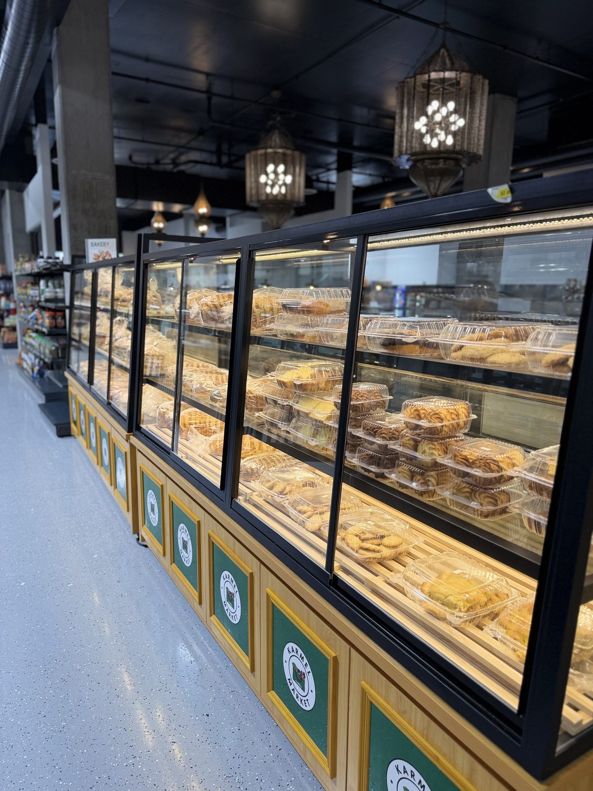 Fresh bakery case at Karmel Market