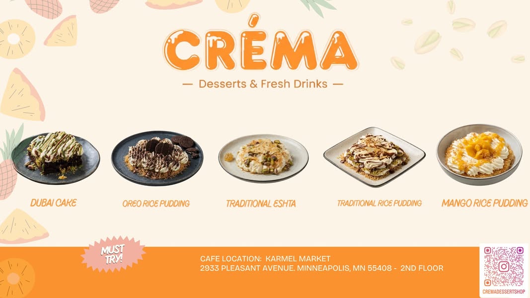 Créma — Desserts & Fresh Drinks menu featuring Dubai Cake and rice puddings
