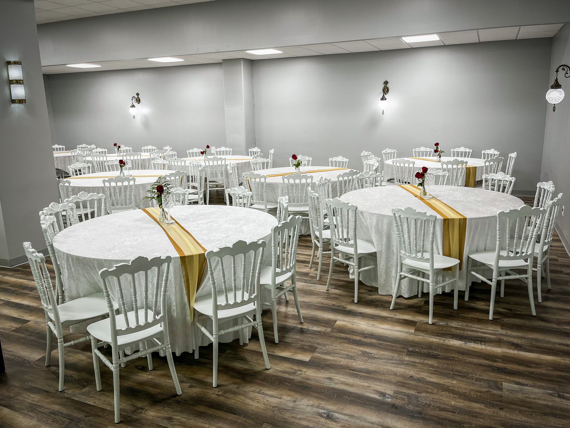 Round tables with linens and centerpieces