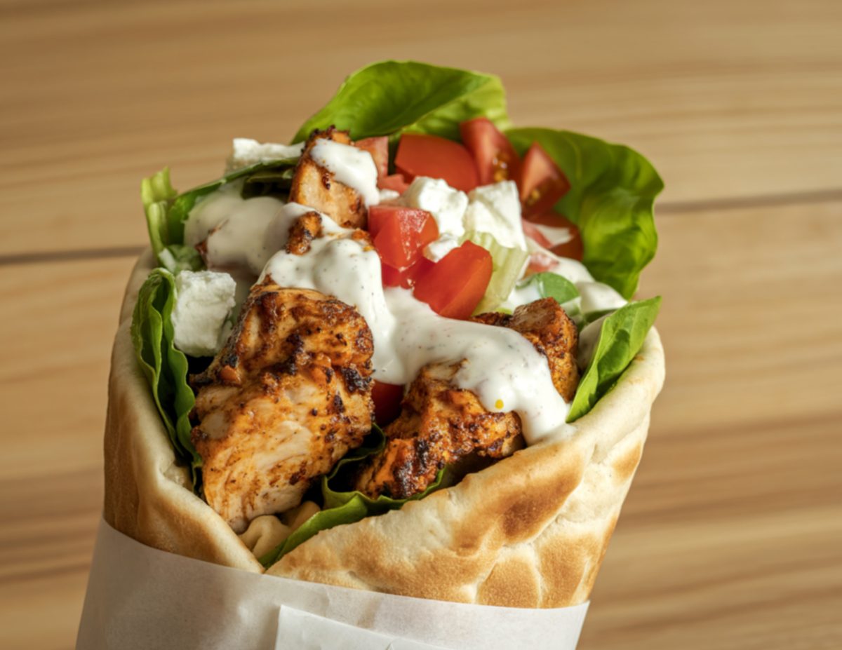 Chicken shawarma wrap with garlic sauce, tomatoes, and feta